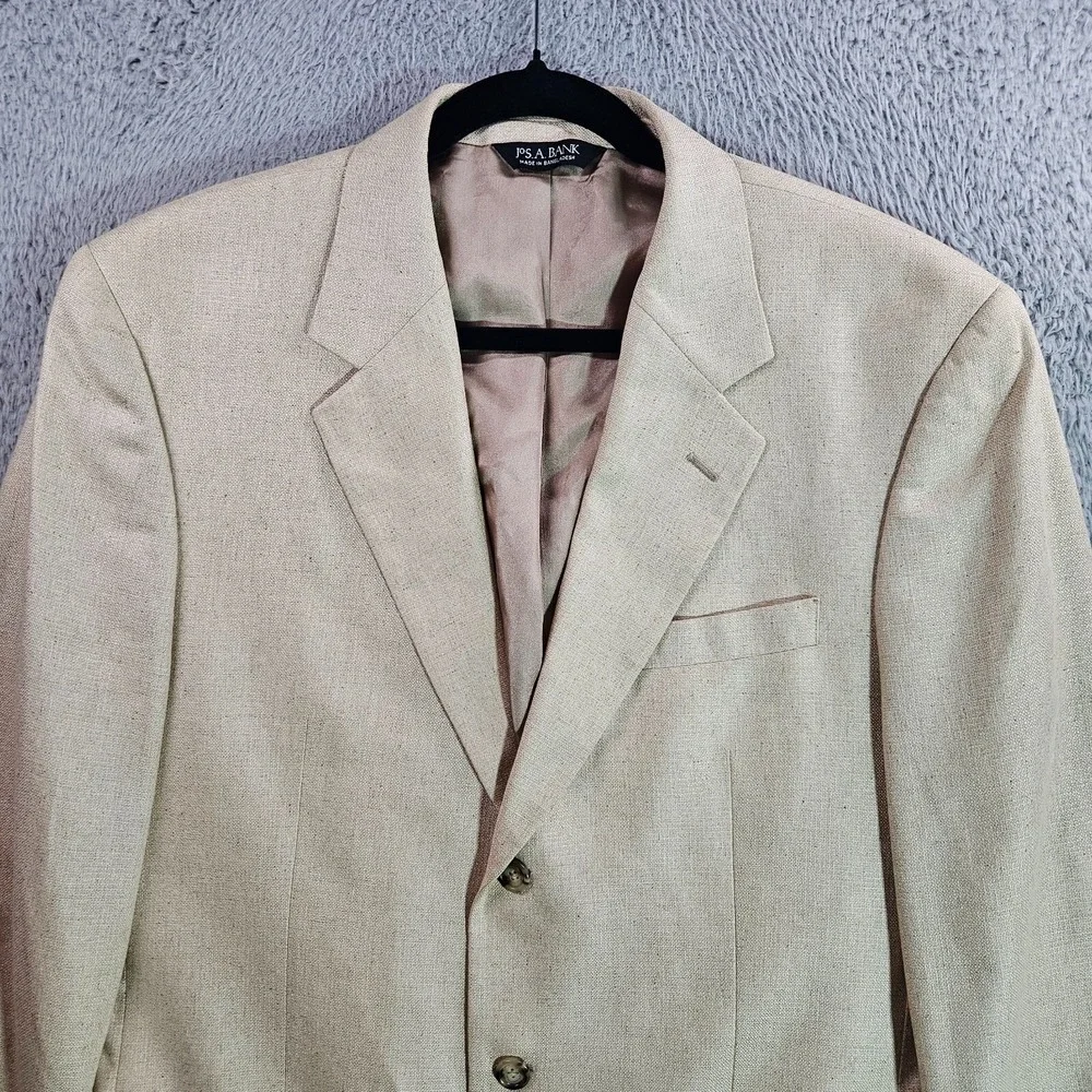 Jos‎ A Bank Sport Coat Jacket Suit Blazer Men 42L 100% Silk Beige 3-Btn